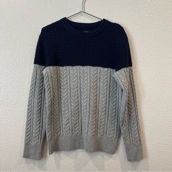 J Crew Rugged Merino Wool Mixed-Knit Crewneck Sweater cable knit gray blue J7717 - Picture 3 of 6